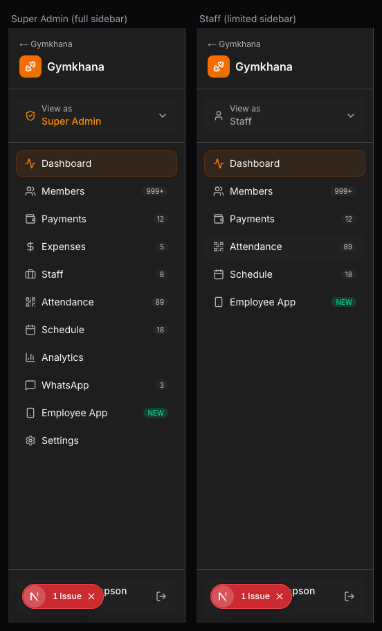 : Full admin sidebar vs staff sidebar